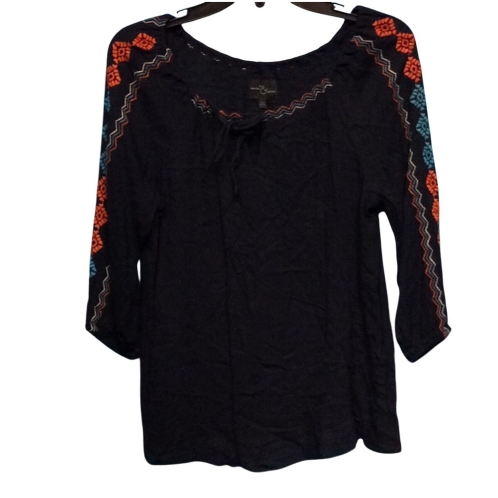 Market & Spruce Navy Embroidered Tassel Neck 3/4 Sleeve Top M